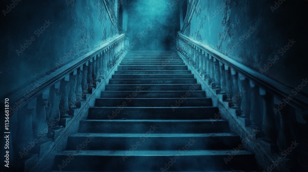 Dark stairway leads into mysterious blue haze in abandoned building at night Dark stairway leads into mysterious blue haze in abandoned building at night