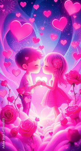 cute valentines boy and girl with pink roses and love hearts 