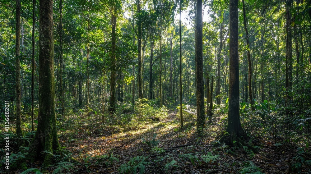 Lush Green Rainforest Sunlight Dappled Path Lush Green Rainforest Sunlight Dappled Path