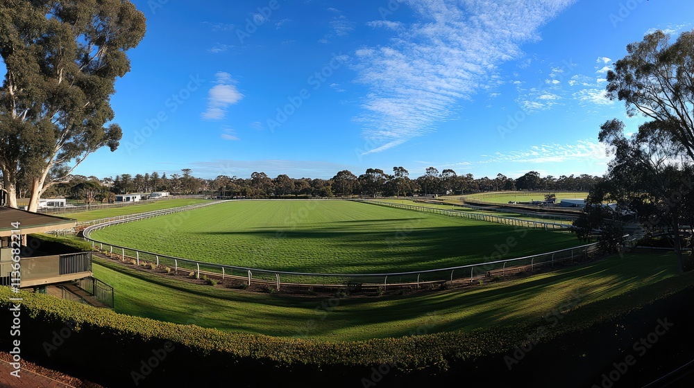 Expansive Green Sports Field Surrounded by Scenic Trees and Clear Blue Skies, Perfect for Outdoor Activities and Recreational Events, Captured During Daylight Expansive Green Sports Field Surrounded by Scenic Trees and Clear Blue Skies, Perfect for Outdoor Activities and Recreational Events, Captured During Daylight