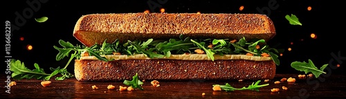 French baguette sandwich with brie and arugula, a lively Parisian farmer s market bustling in the background photo