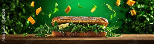 French baguette sandwich with brie and arugula, a lively Parisian farmer s market bustling in the background photo