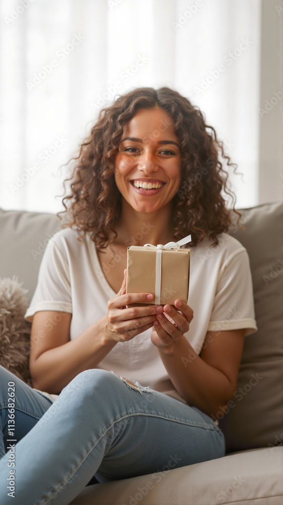 Smiling young african female holding a gift on a sofa Smiling young african female holding a gift on a sofa
