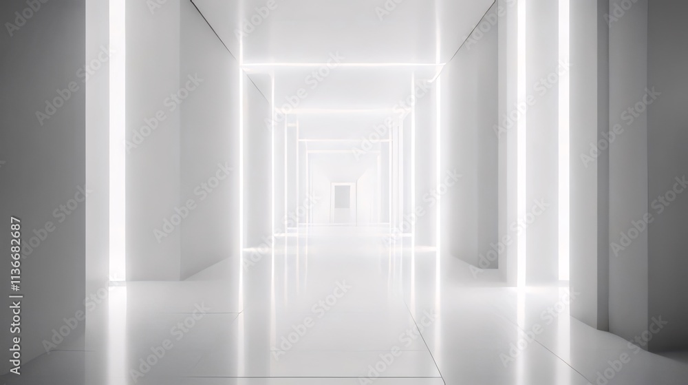 Bright, long, white corridor with glowing lines. (1) Bright, long, white corridor with glowing lines. (1)