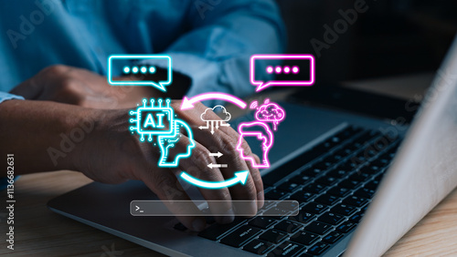 A person uses a laptop with AI chatbot icons overlayed, symbolizing how AI can automate conversations, data sharing, and cloud processes to streamline digital communication.