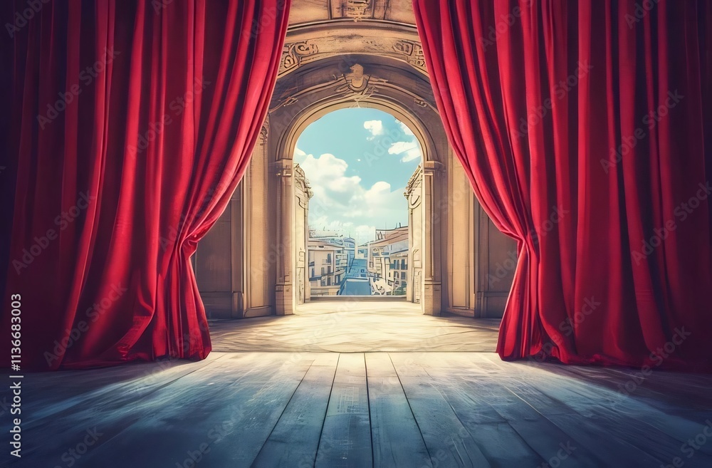 Red curtains open to reveal a city view through an archway. Red curtains open to reveal a city view through an archway.