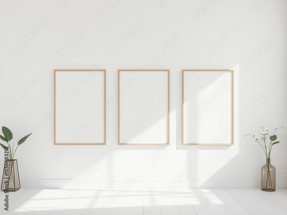 Minimalist wall art mockup template with empty picture frames on a white wall, template, mockup Minimalist wall art mockup template with empty picture frames on a white wall, template, mockup