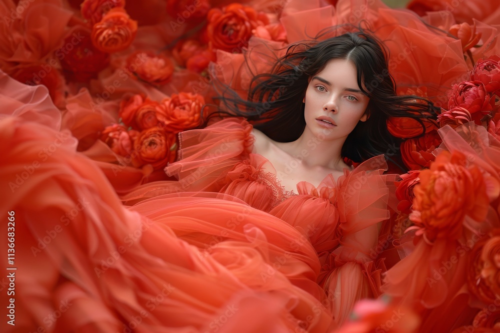 Model poses elegantly in a vibrant red gown surrounded by blooming flowers during a serene outdoor setting in spring Model poses elegantly in a vibrant red gown surrounded by blooming flowers during a serene outdoor setting in spring