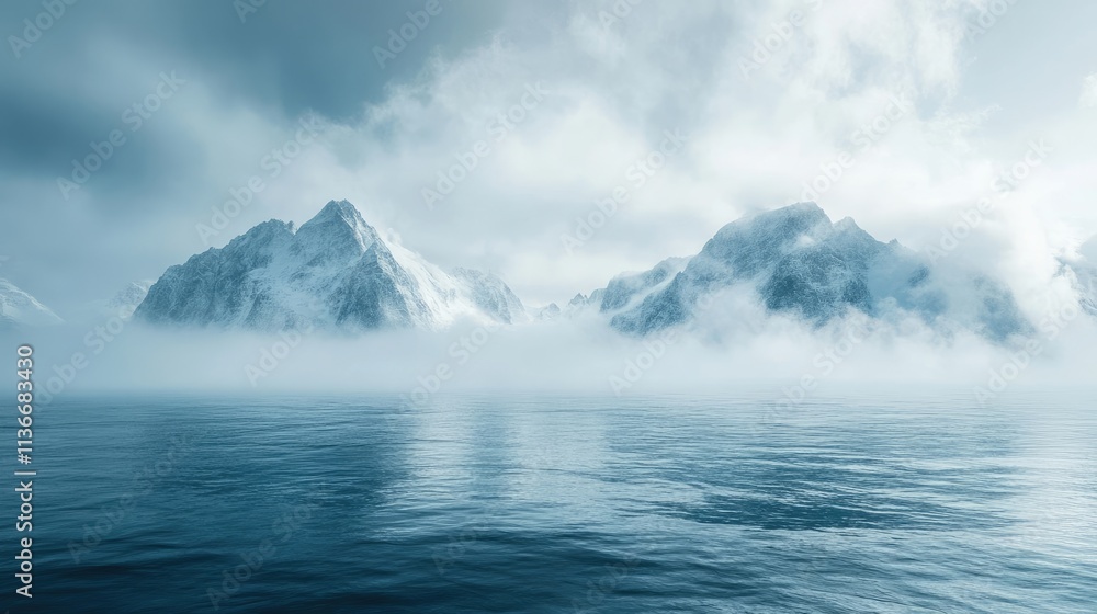 Misty Mountains Rise Above Calm Ocean Waters Misty Mountains Rise Above Calm Ocean Waters