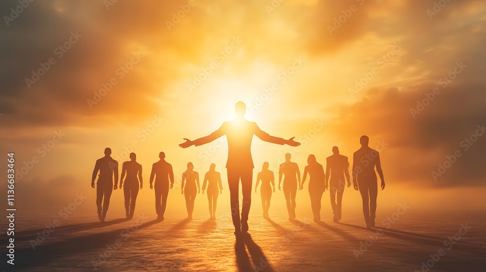 Fototapeta premium Silhouetted Figures Walking Towards a Bright Sunrise in a Dreamlike Landscape Evoking Themes of Unity and Hope Amidst a Golden Horizon