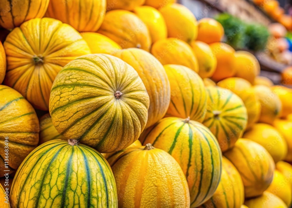 Vibrant Yellow Melons on Display at a Bustling Market Stall, Showcasing Fresh Produce and Colorful Textures for a Summery Feel Vibrant Yellow Melons on Display at a Bustling Market Stall, Showcasing Fresh Produce and Colorful Textures for a Summery Feel