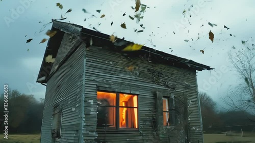 A wooden house standing alone in a raging field, with a blazing fire in the room, birds flying in the sky create an unsettling atmosphere photo