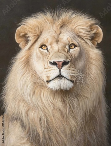 A captivating portrait showcasing a huge, magnificent male African lion against a dark backdrop