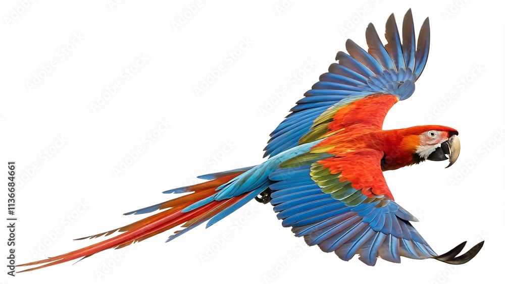 Fototapeta premium Blue and yellow Macaw (Ara ararauna) in flight with blue skies in the background white , generative ai