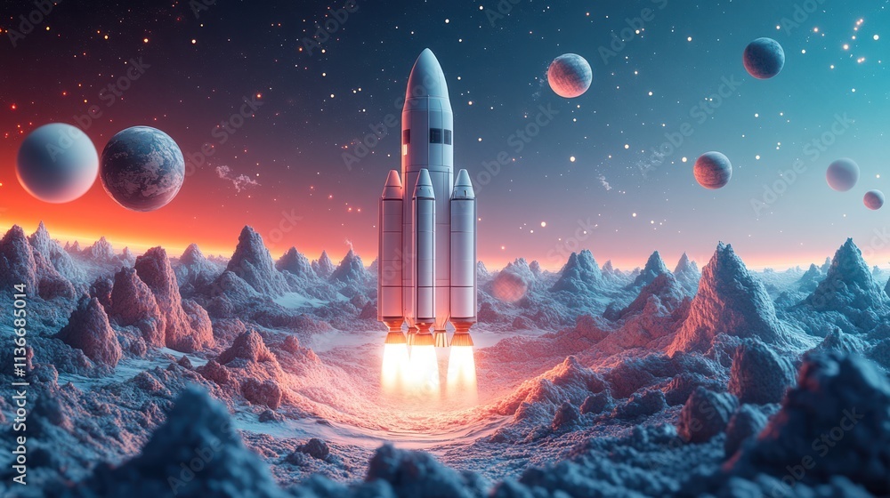 Rocket launching from an alien planet's surface at sunset, surrounded by celestial bodies. Rocket launching from an alien planet's surface at sunset, surrounded by celestial bodies.