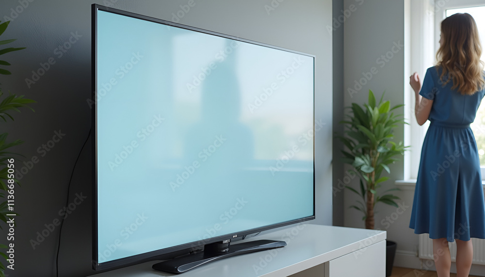 Fototapeta premium Presentation slides mockup displayed on TV screen with woman in blue dress in background