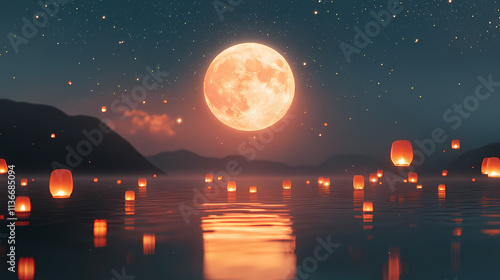 Glowing full moon beautifully reflected on a calm serene lake surrounded by sparkling stars and floating lanterns. Mirrored. Illustration photo