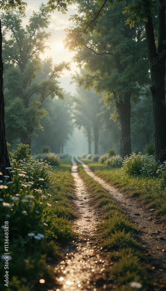 Obraz premium Serene pathway through a misty forest at sunrise, creating a tranquil ambiance with flowers and dew