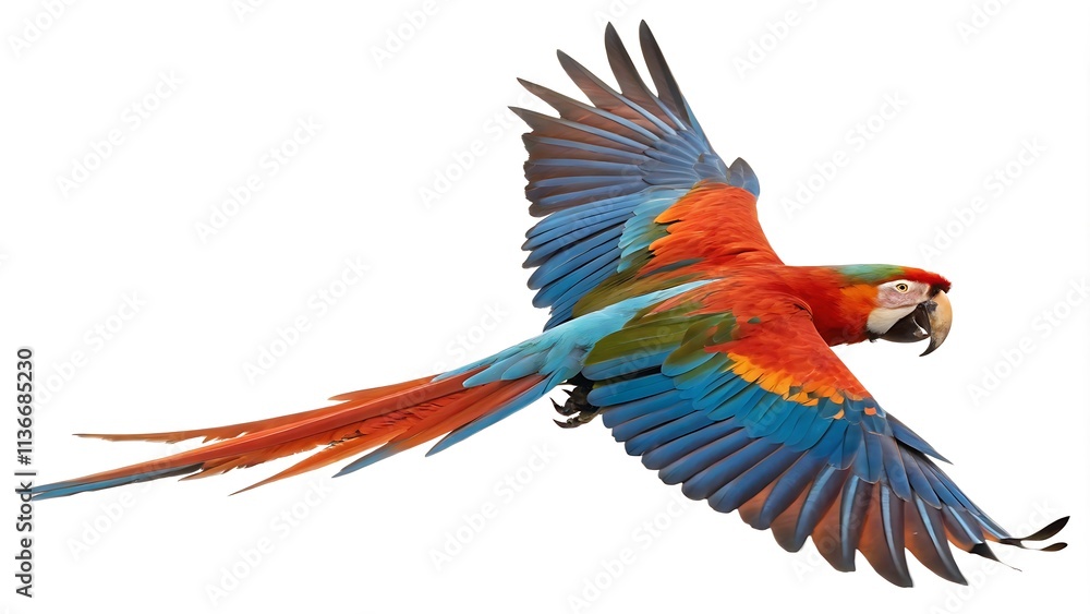 Fototapeta premium Blue and yellow Macaw (Ara ararauna) in flight with blue skies in the background white , generative ai