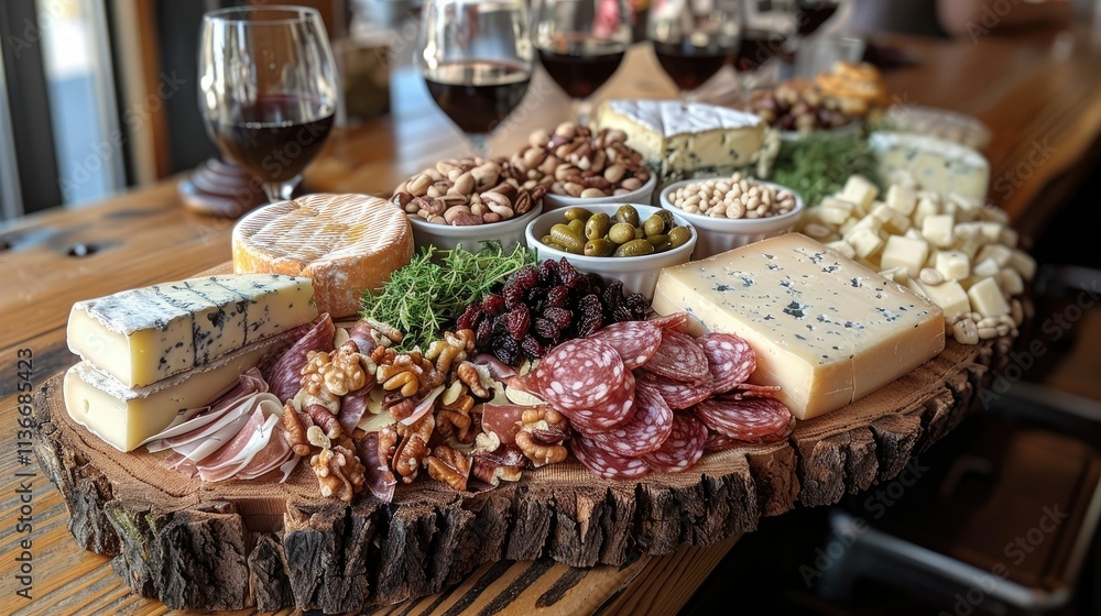 Obraz premium A beautifully arranged charcuterie board featuring various cheeses, meats, nuts, and accompaniments.