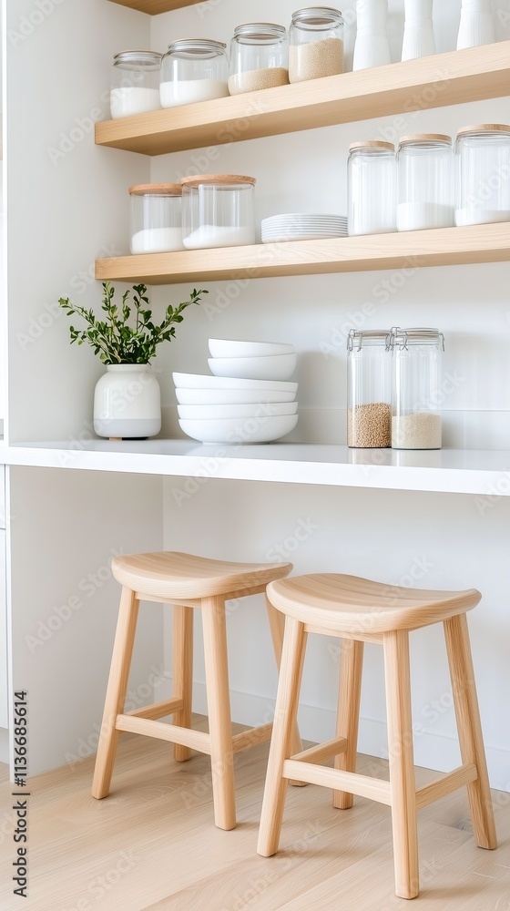 Clean Pantry with Pastel Accents and Glass Storage Jars, Wellness-focused kitchen design Clean Pantry with Pastel Accents and Glass Storage Jars, Wellness-focused kitchen design