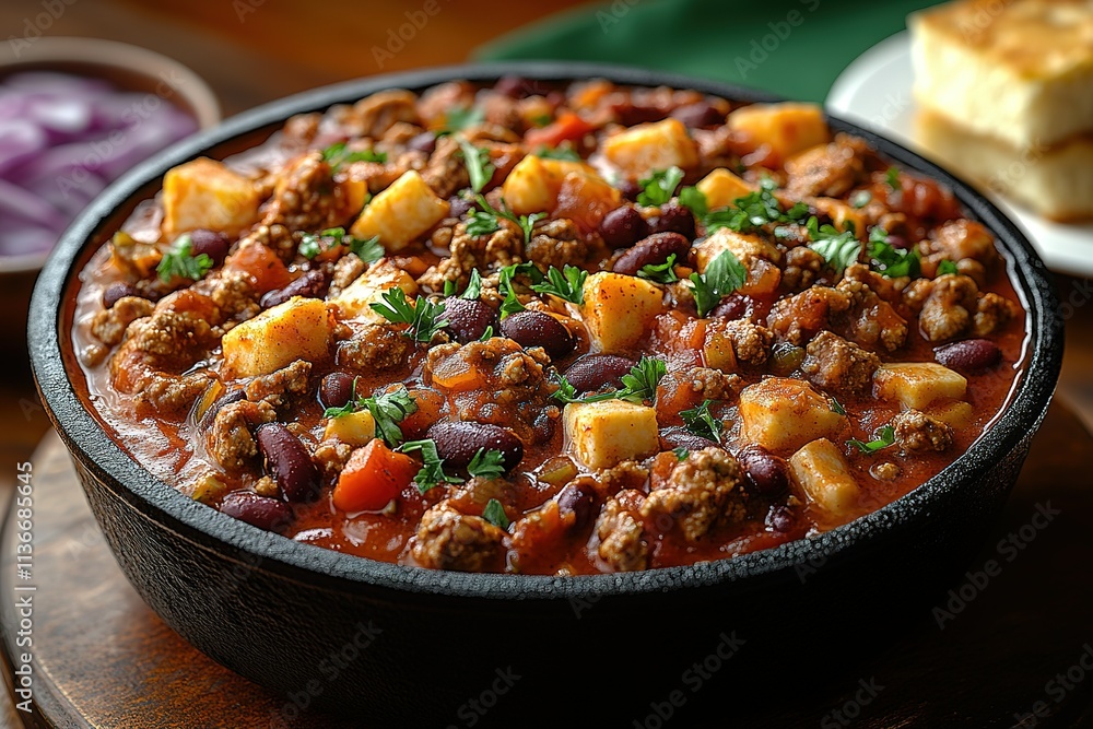 A bowl of chili with beans, meat, and vegetables A bowl of chili with beans, meat, and vegetables