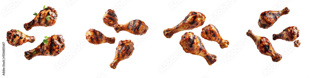 A Set of Golden Crispy Chicken Drumsticks Flying on Transparent Background A Set of Golden Crispy Chicken Drumsticks Flying on Transparent Background
