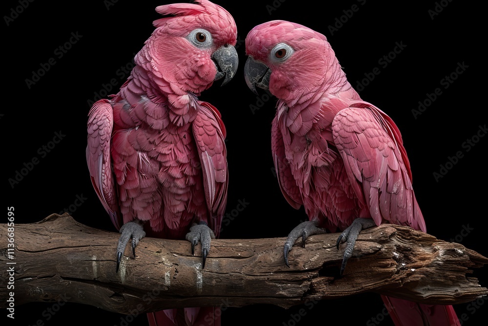 Fototapeta premium Two stunning pink birds perched on a branch in a dark environment highlighting their vibrant colors