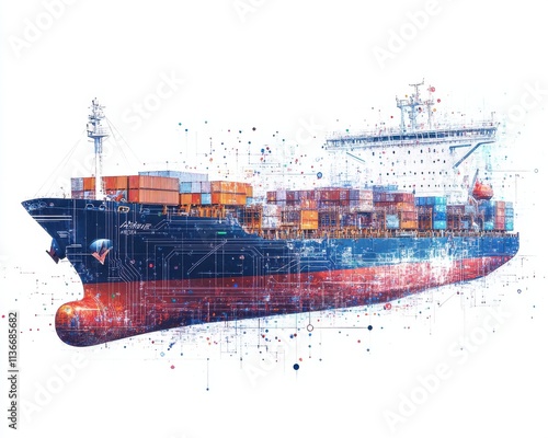 A vibrant illustration of a cargo ship loaded with colorful containers. photo