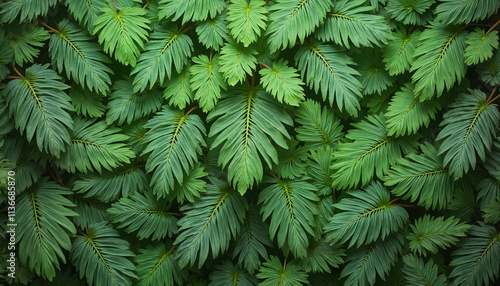 Dense arrangement of green fern leaves creating a lush and vibrant background with copy space