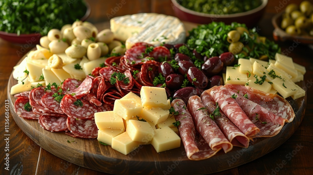 A beautifully arranged charcuterie board featuring various meats, cheeses, and olives. A beautifully arranged charcuterie board featuring various meats, cheeses, and olives.