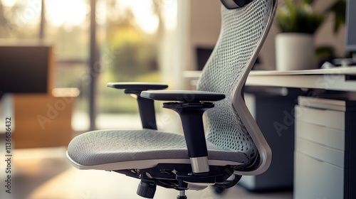 A detailed shot of an ergonomic office chair with adjustable armrests and mesh fabric