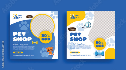 Pet shop and veterinary clinic social media post banner template, promotional ad or square flyer or poster template with dog and cat illustration background design photo