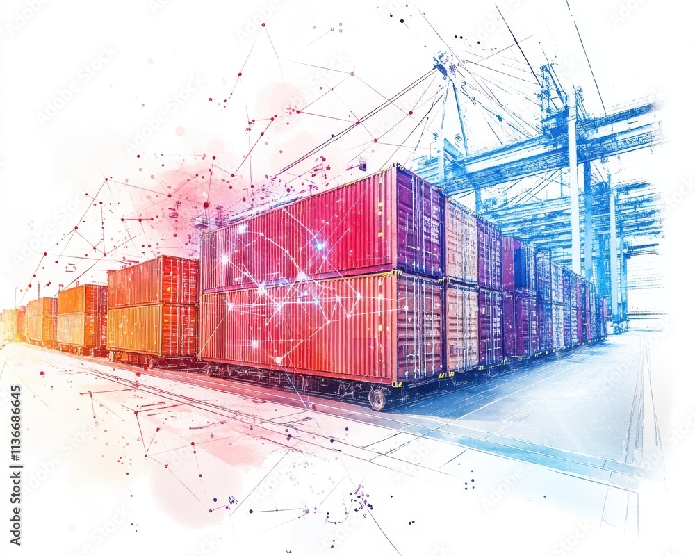 A vibrant illustration of cargo containers in a busy shipping yard.