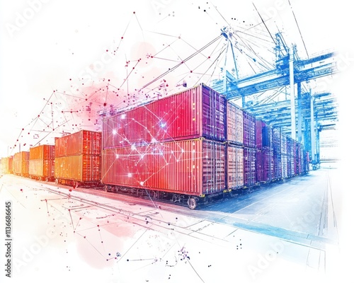 Obraz na płótnie A vibrant illustration of cargo containers in a busy shipping yard. w salonie