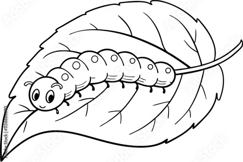 Cute Cartoon Caterpillar Crawling on a Green Leaf