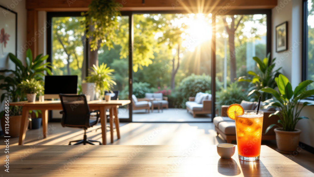 A serene workspace with large windows overlooking a sunlit garden during summer afternoons. A serene workspace with large windows overlooking a sunlit garden during summer afternoons.