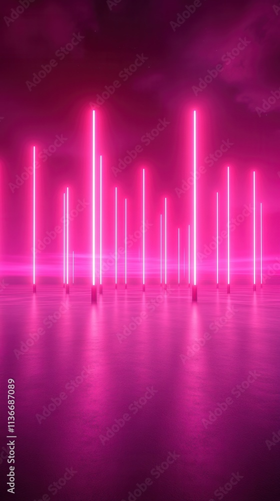 A vibrant display of pink neon lights arranged in vertical lines, creating an energetic and futuristic atmosphere. A vibrant display of pink neon lights arranged in vertical lines, creating an energetic and futuristic atmosphere.