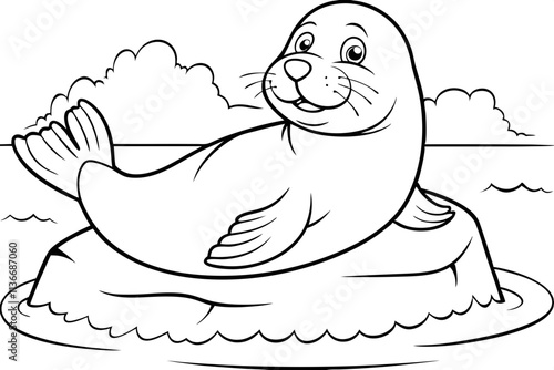 Adorable Cartoon Seal Resting on Ice Floe in Ocean