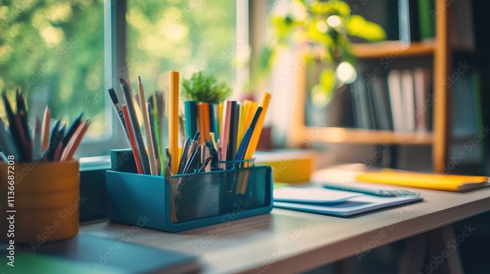 A magnified view of a desk organizer tray filled with office essentials A magnified view of a desk organizer tray filled with office essentials