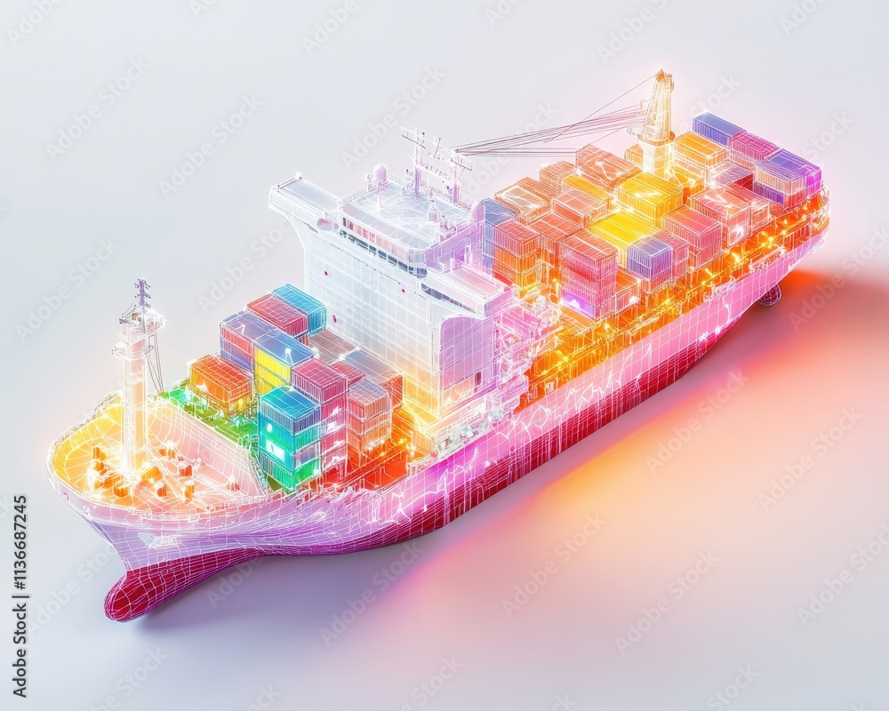 A vibrant, illuminated model of a cargo ship with colorful containers.
