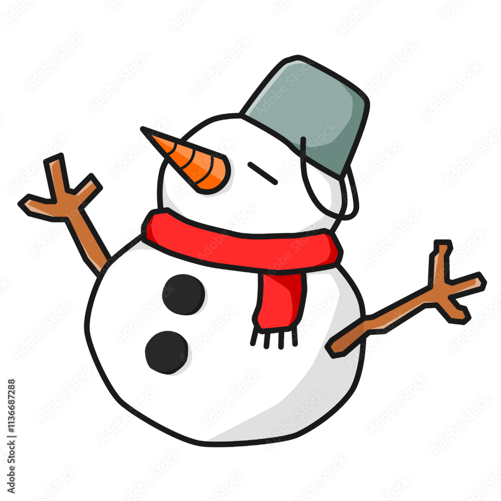 Adorable Snowman Wearing Bucket Helmet And Scarf Vector Illustration Adorable Snowman Wearing Bucket Helmet And Scarf Vector Illustration