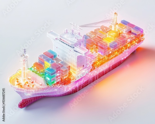 Obraz na płótnie A vibrant, illuminated model of a cargo ship with colorful containers. w salonie