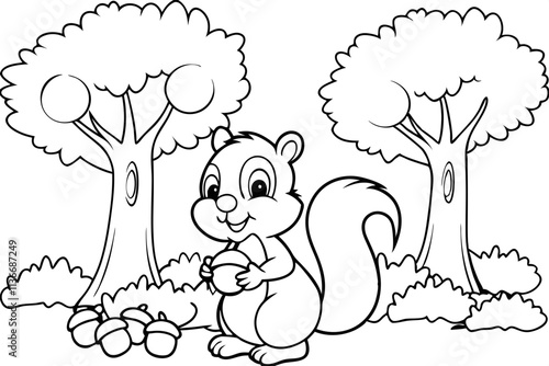 Adorable Cartoon Squirrel Holding Acorn Near Two Trees