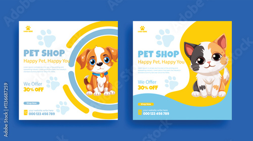 Pet shop and veterinary clinic social media post banner template, promotional ad or square flyer or poster template with dog and cat illustration background design