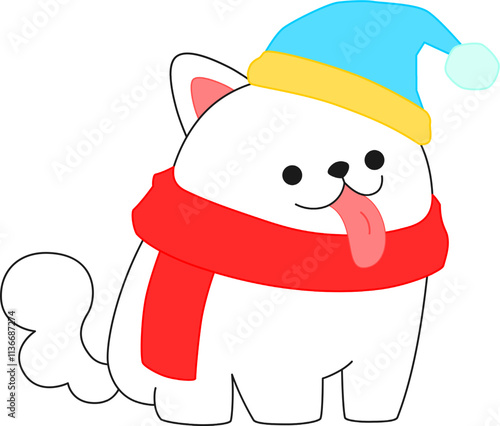 Sweet Puppy Wearing  Knitted Hat And Scarf Vector Illustration