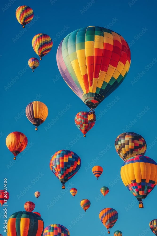 Colorful hot air balloons float above a vibrant crowd during a festival at dawn Colorful hot air balloons float above a vibrant crowd during a festival at dawn