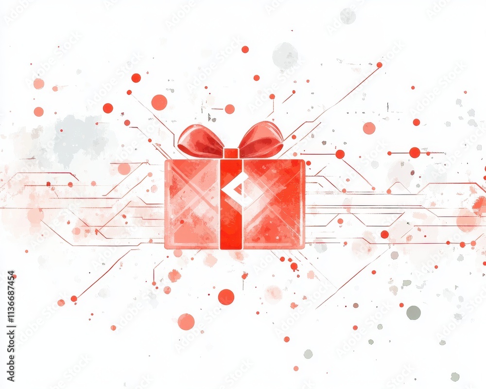 A vibrant, abstract illustration of a gift box with dynamic digital elements and a ribbon.