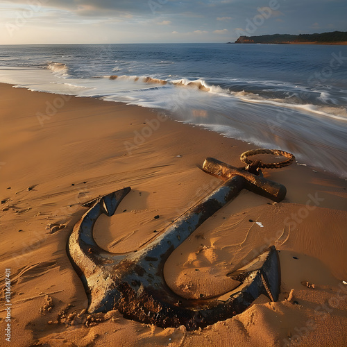 Weathered Anchor on Sandy Beach at Sunset - Symbol of Maritime History and Endless Ocean Adventures photo