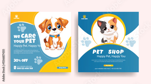 Pet shop, veterinary clinic, pet grooming, pet clinic social media post, banner, ads and advertising template with dog and cat illustration background design